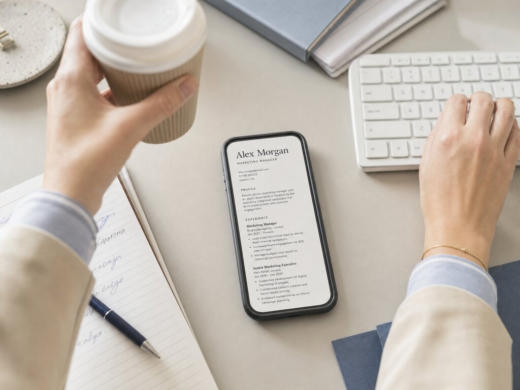 A recruiter glancing at a CV on her phone while reaching for her coffee.
