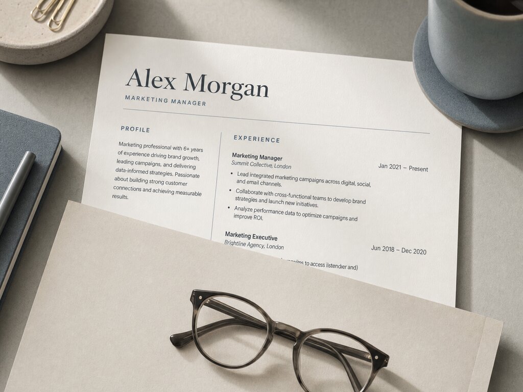 A printed CV with a sheet laid over its lower half.