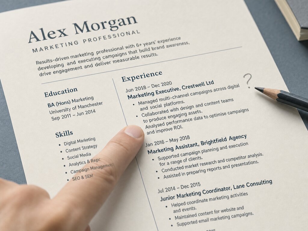 A finger resting on one line of a CV, a question mark pencilled beside it.
