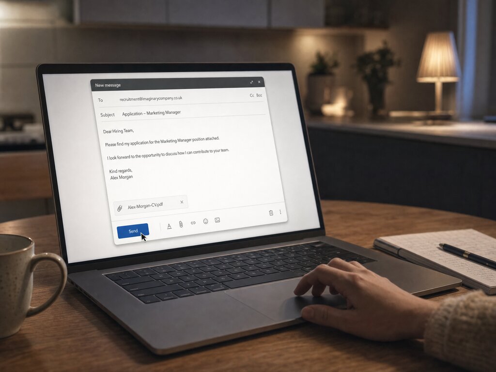 An email compose window with a CV attached, the cursor on Send.