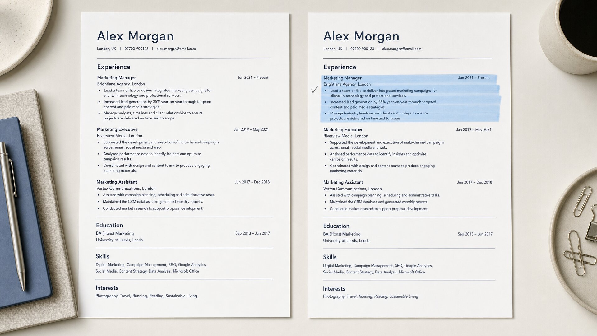 Two identical printed pages, the right one with one block highlighted.
