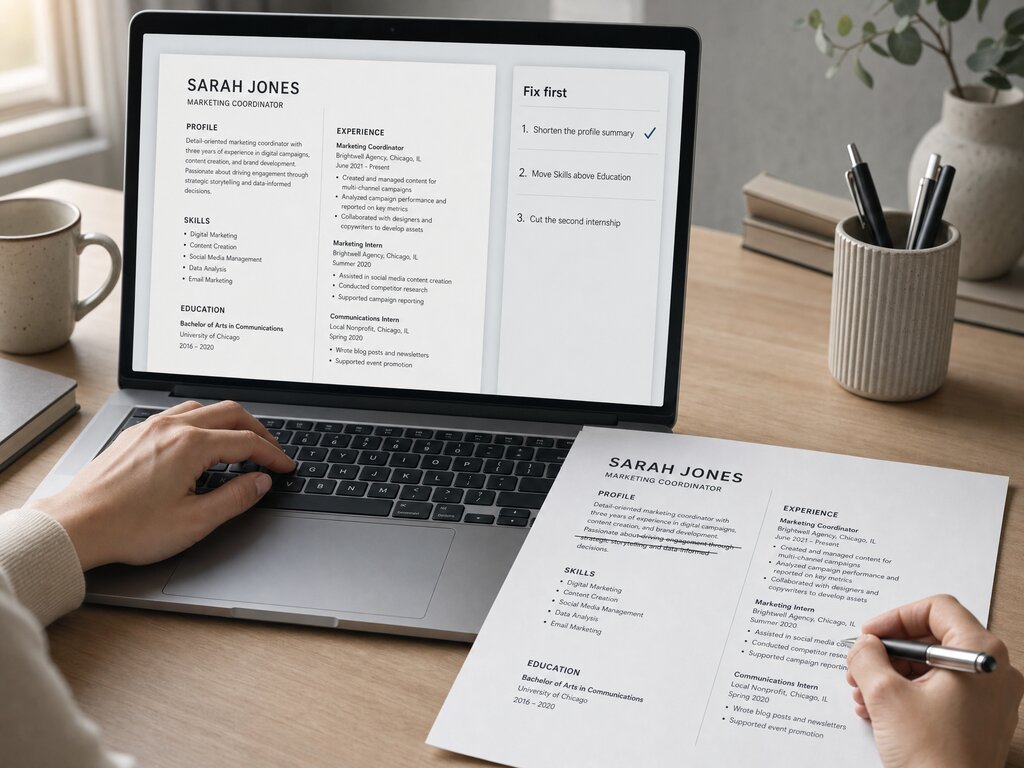 Hands striking a paragraph from a printed CV, the ranked fixes open on the laptop beside it.