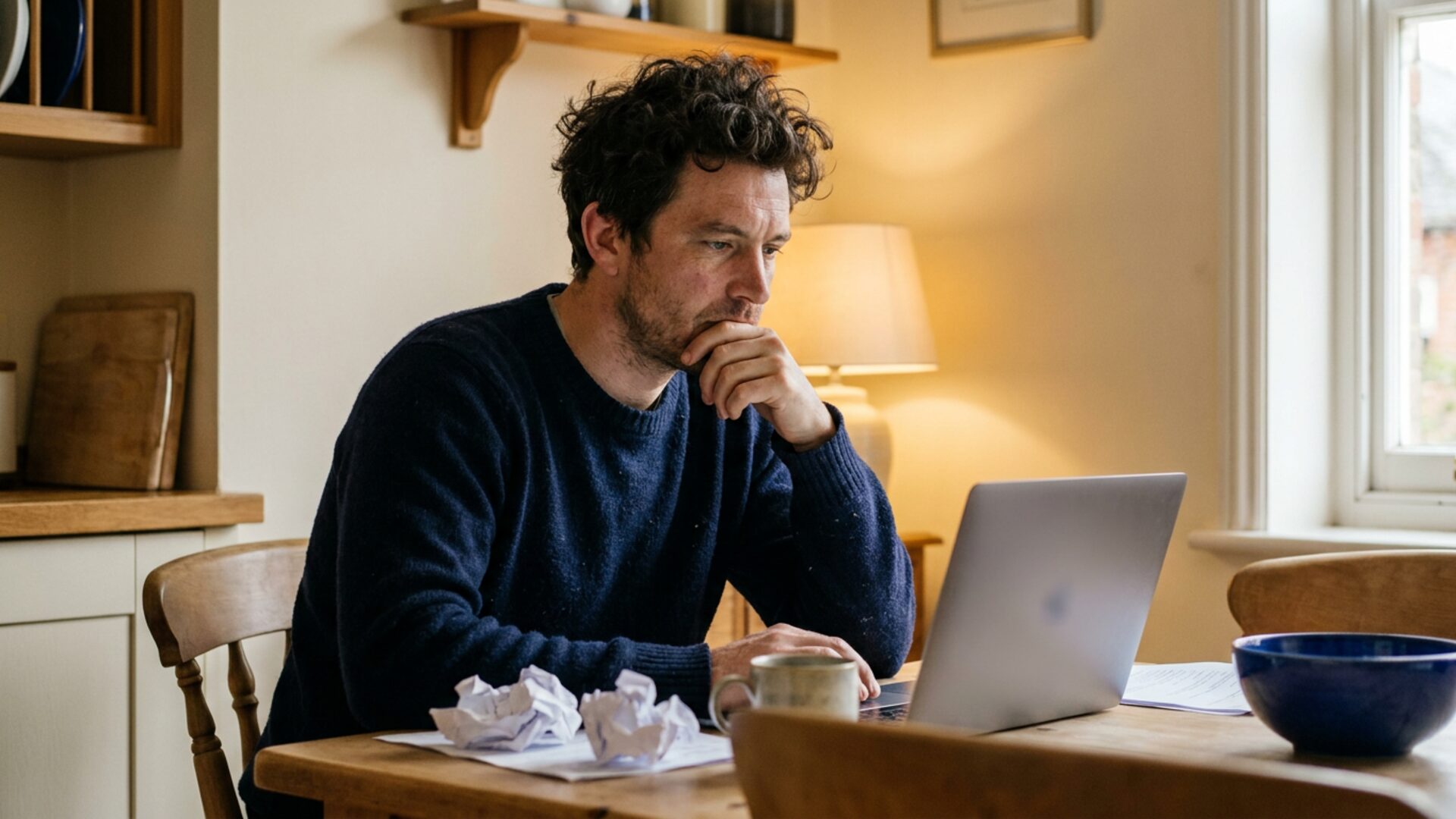 A man at a kitchen table reading his laptop screen in evening light.