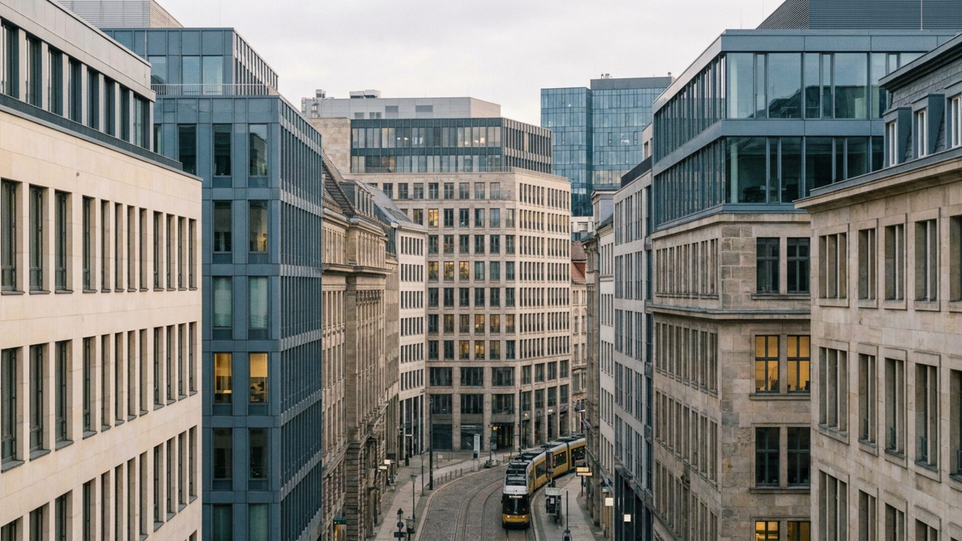 A dense city business district: rows of office buildings with hundreds of windows, none identifiable.