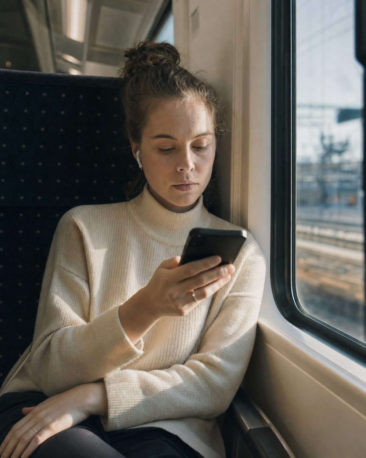 A young woman on a train reading a document on her phone.
