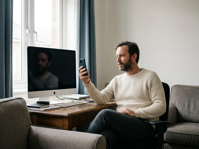 A man checking his own phone, reflected in a dark monitor.