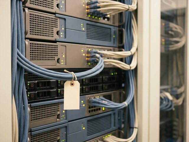 A rack of network equipment with status lights.