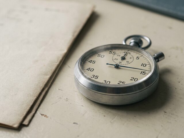A stopwatch on a desk, its hand just past three seconds.