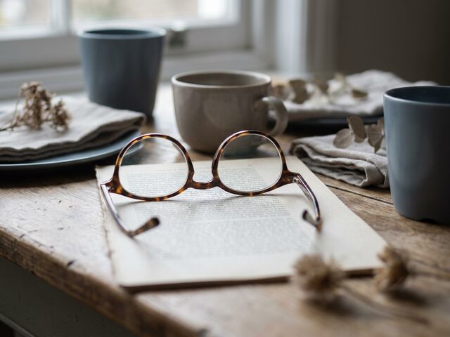 Reading glasses on a printed page, one paragraph in focus.