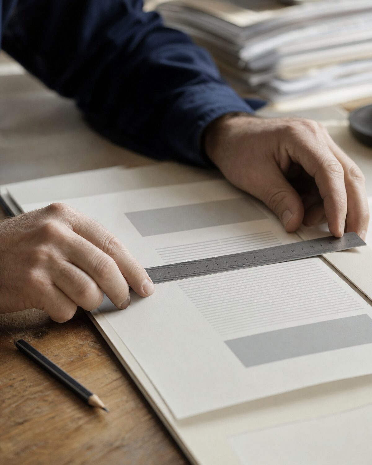 Hands laying a steel rule across a printed page on a drafting table.