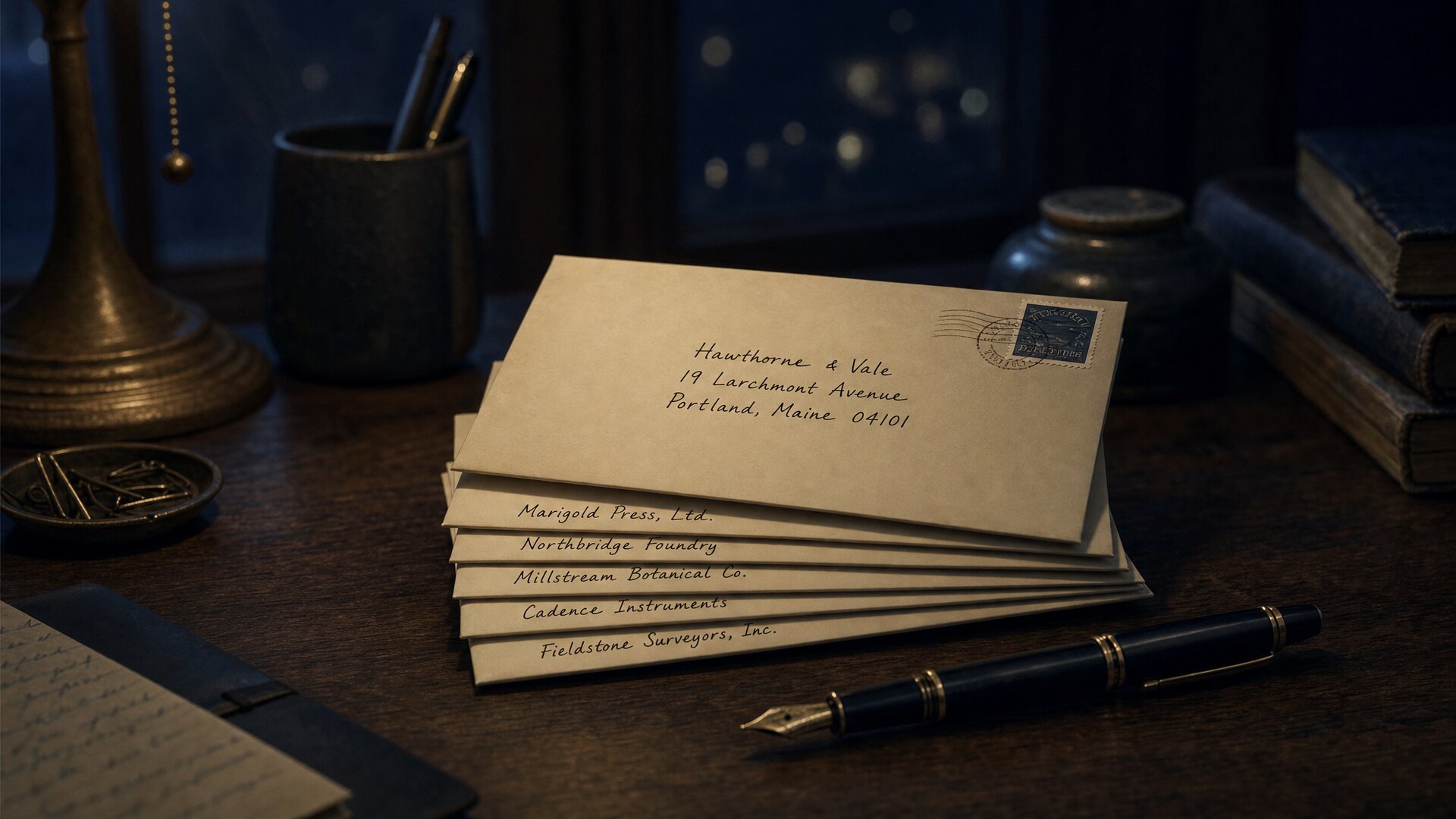A stack of sealed, hand-addressed envelopes on a dark desk at night.